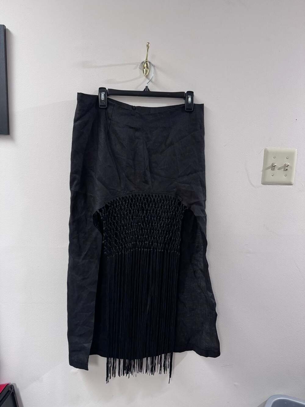 Zara Black 100% Linen Skirt with Macramé Fringe Detail Size L